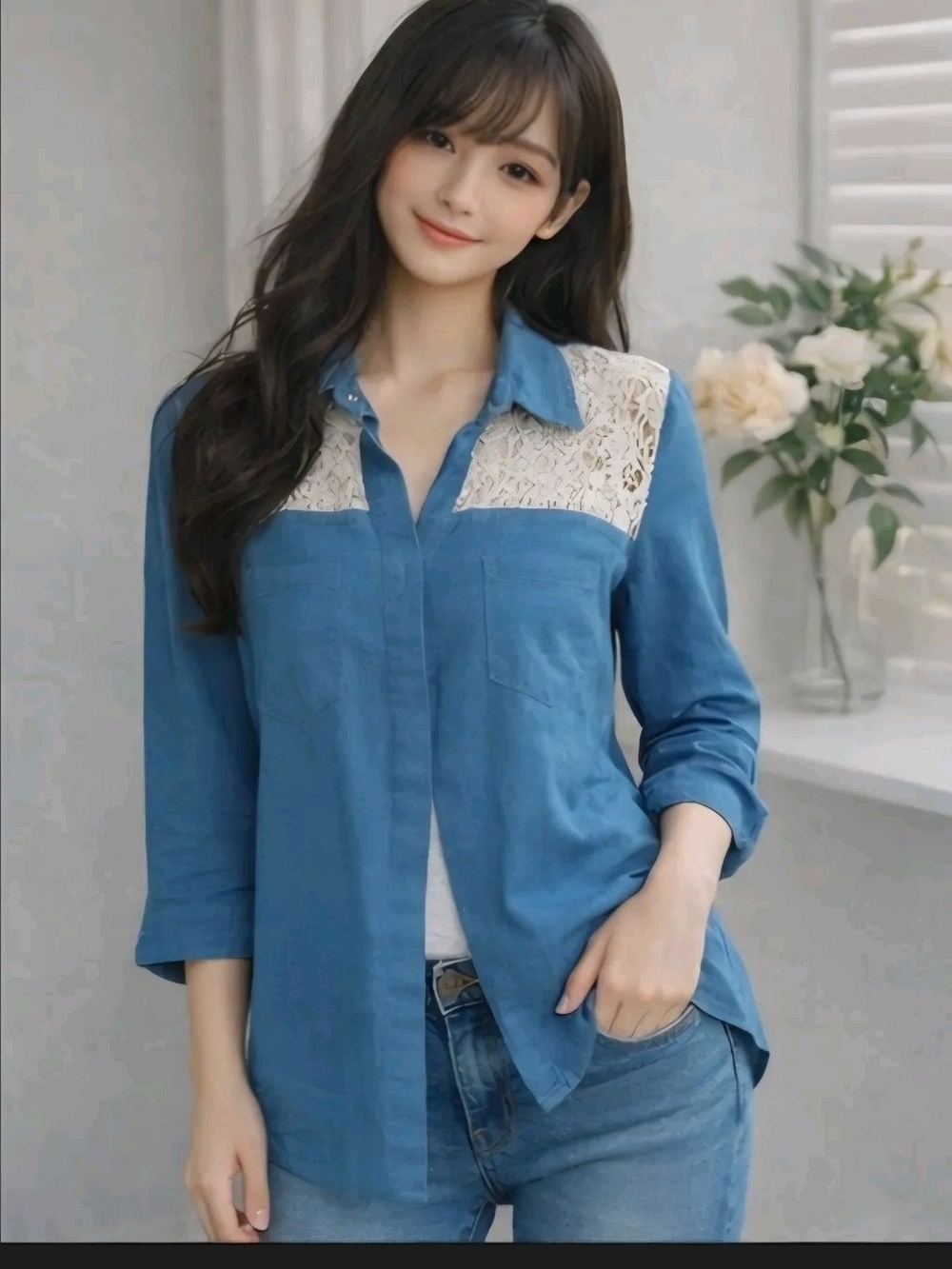POL Blue Lace-Yoke Button-Up Shirt